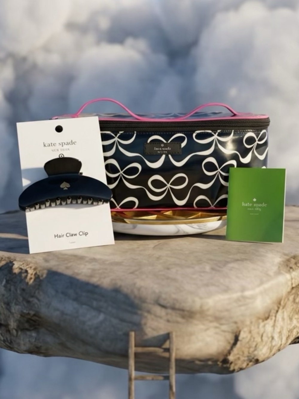 kate spade NY Jae Elegant Bow-Print Cosmetic Case with Hair Claw Clip